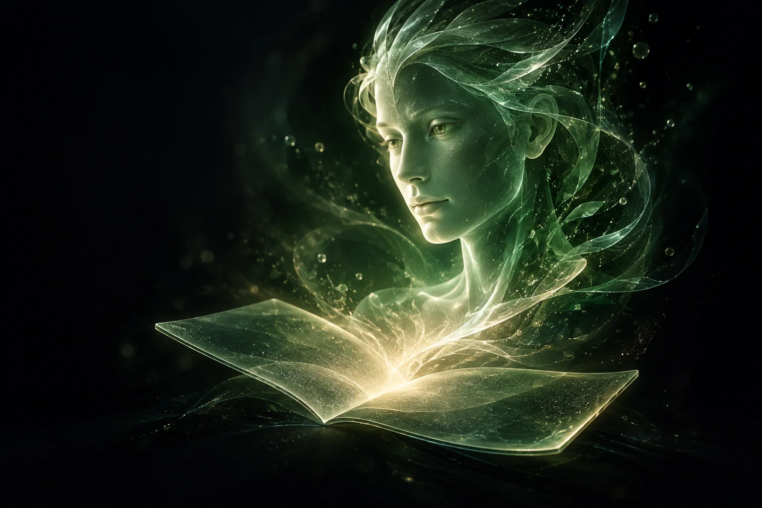 An emerald glass Spirit Guide emerging from an open luminous page