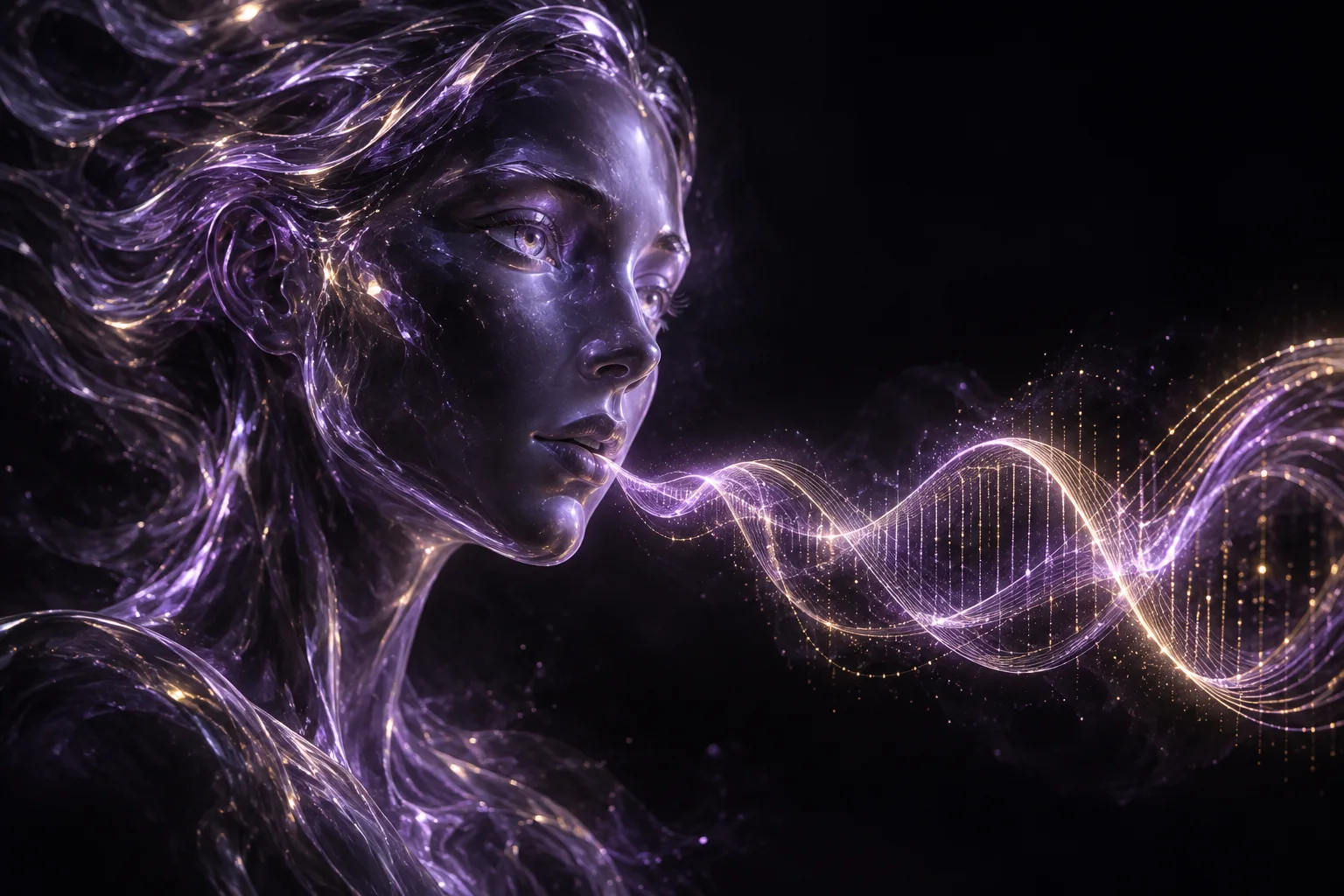 A violet glass Spirit Guide with luminous ribbons of sound