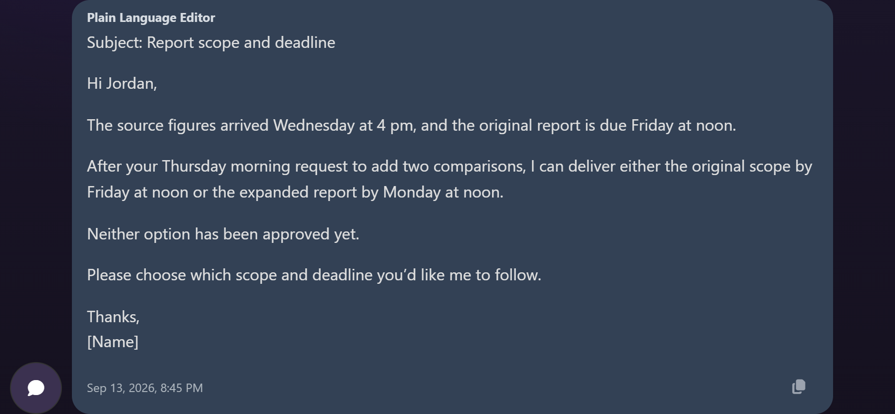 Actual SpiritBox Pro reply drafting a scope and deadline decision