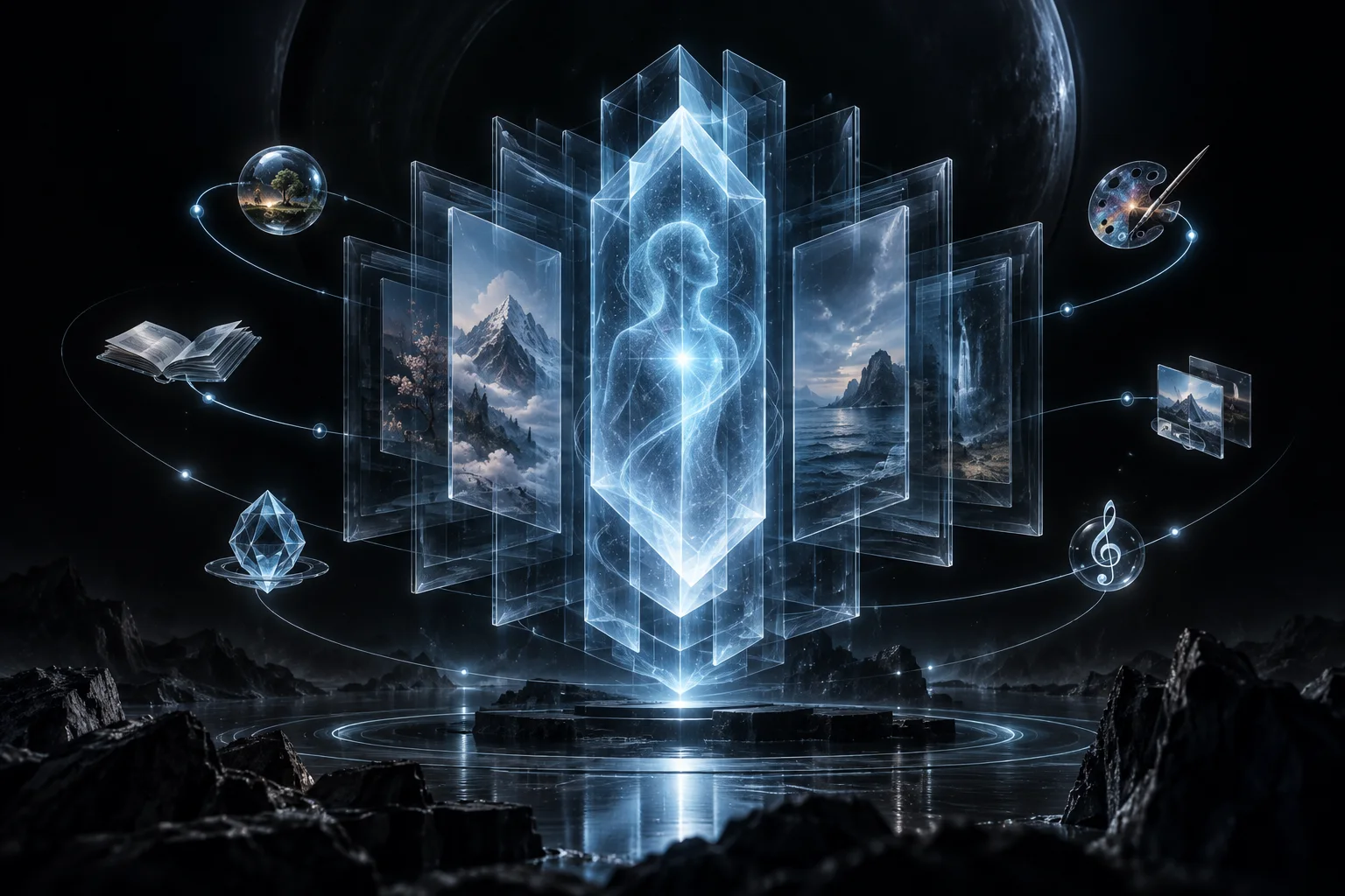 A cyan crystal knowledge space connecting documents and creative ideas