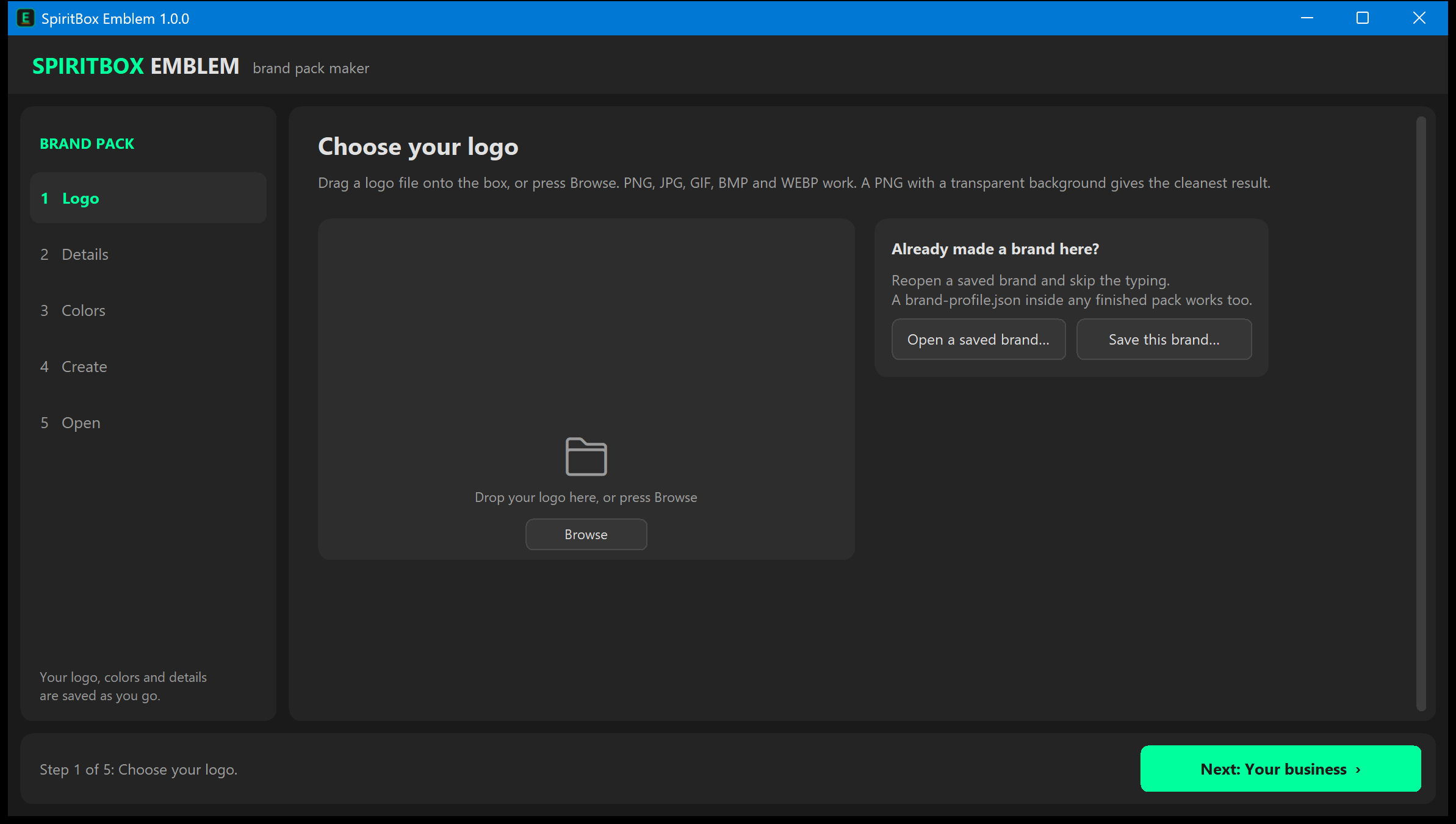 Actual Emblem 1.0.0 Windows app showing the logo selection step of the brand-pack workflow