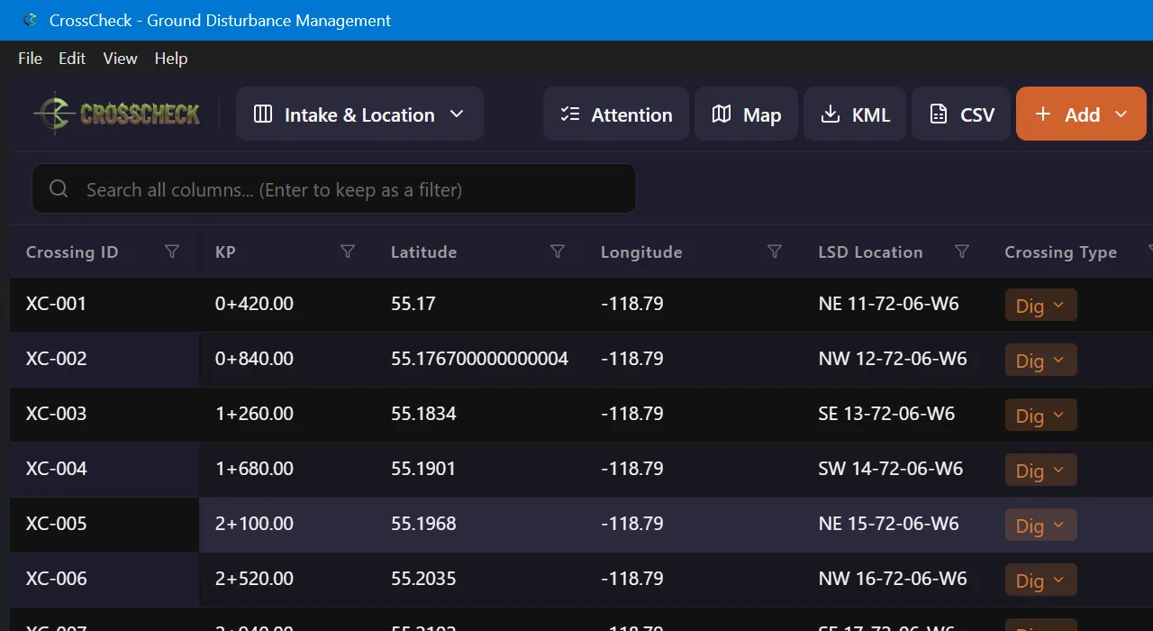 Actual CrossCheck interface with a synthetic crossing project, records and Attention status