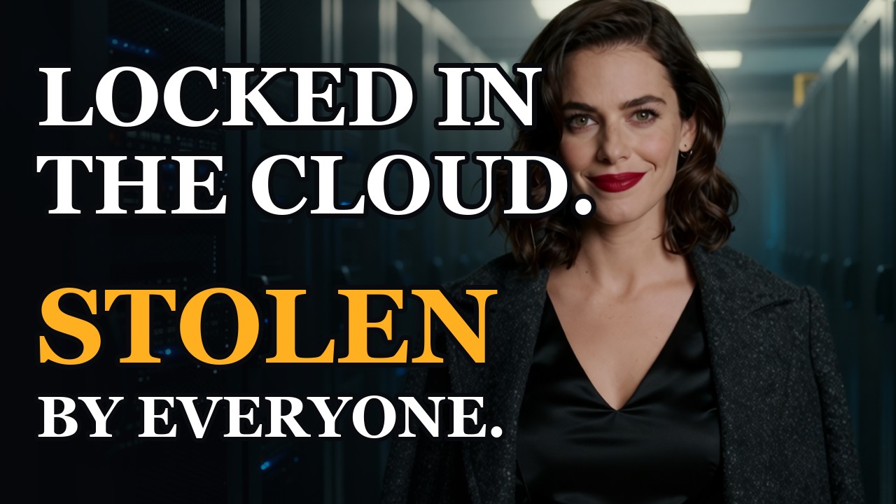 THE ESCAPE documentary thumbnail with fictional host Sloane and the words Locked in the cloud, stolen by everyone