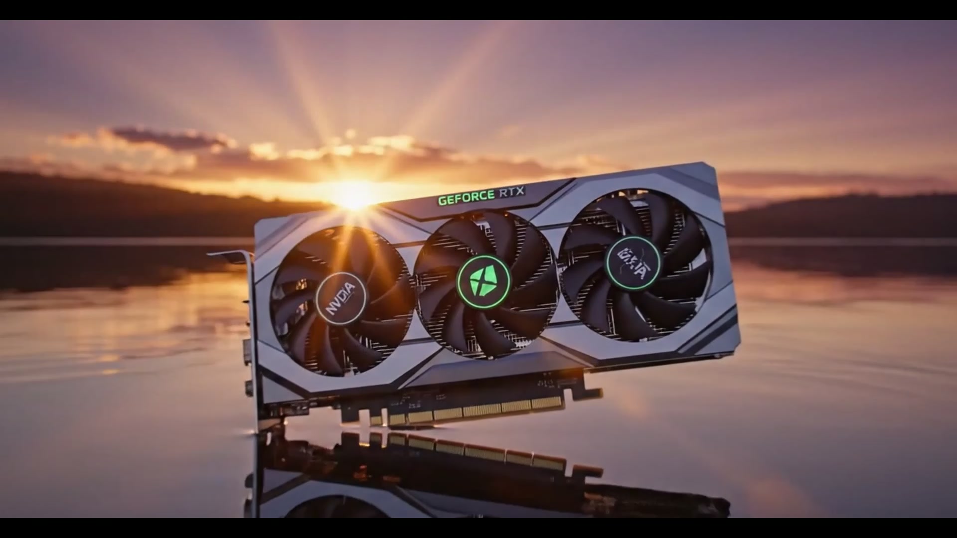 Keeping Us Afloat music-video scene with a graphics card floating above water at sunset